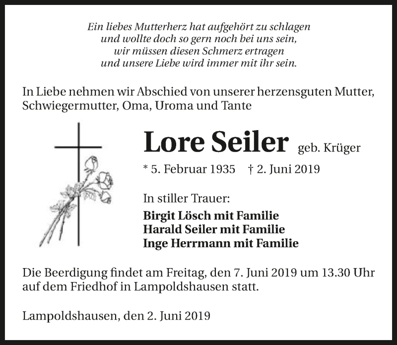  Traueranzeige für Lore Seiler vom 05.06.2019 aus 