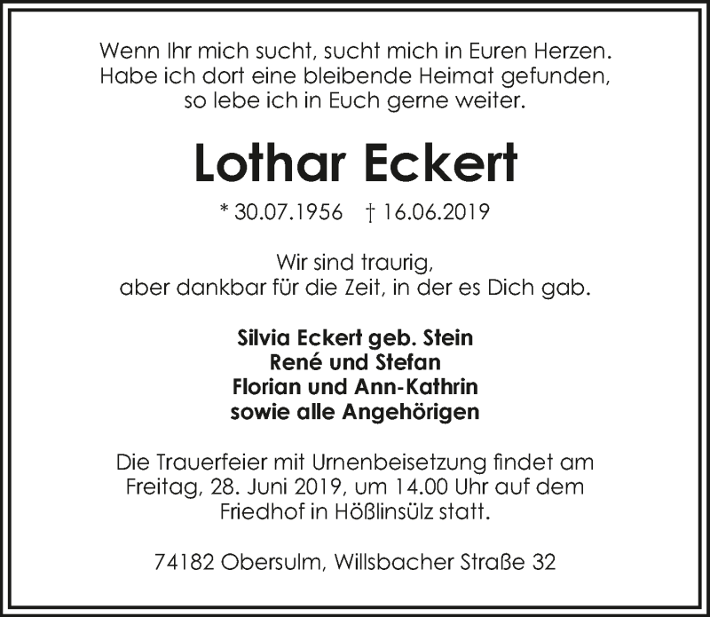  Traueranzeige für Lothar Eckert vom 24.06.2019 aus 