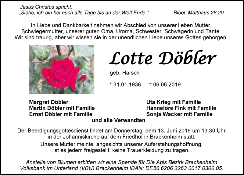  Traueranzeige für Lotte Döbler vom 08.06.2019 aus 