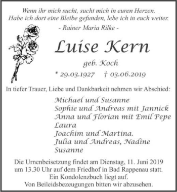 Traueranzeige von Luise Kern 