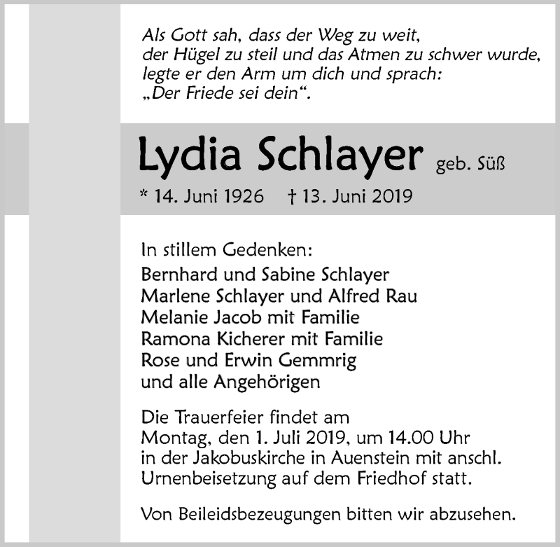  Traueranzeige für Lydia Schlayer vom 26.06.2019 aus 