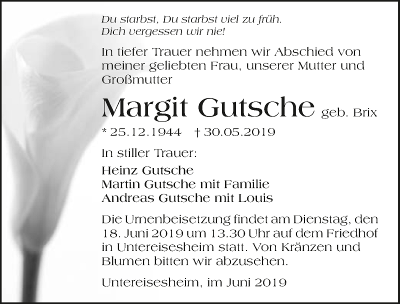  Traueranzeige für Margit Gutsche vom 15.06.2019 aus 