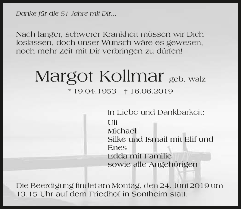  Traueranzeige für Margot Kollmar vom 19.06.2019 aus 
