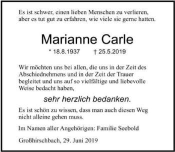 Traueranzeige von Marianne Carle 