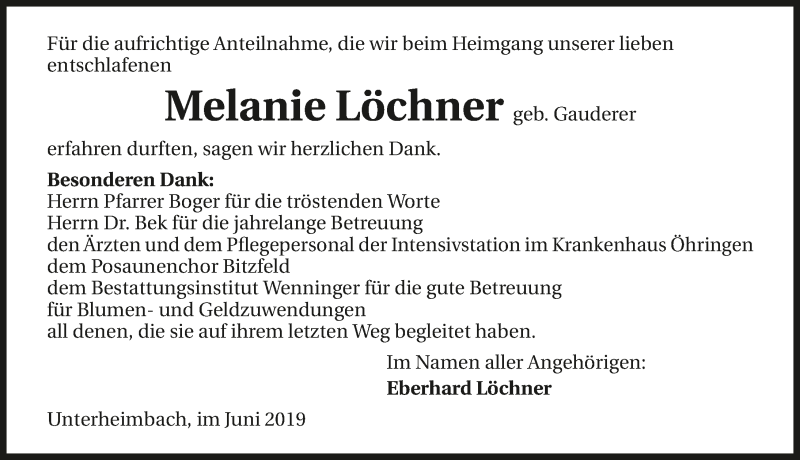  Traueranzeige für Melanie Löchner vom 15.06.2019 aus 