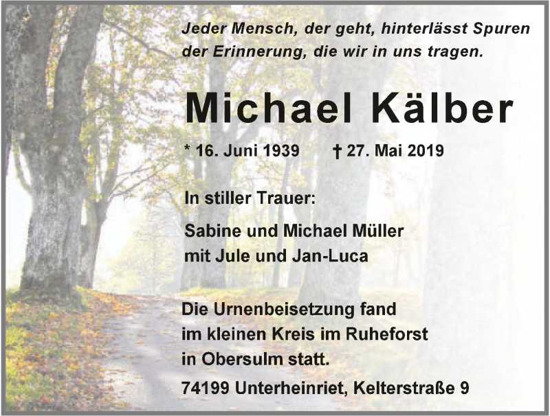  Traueranzeige für Michael Kälber vom 08.06.2019 aus 