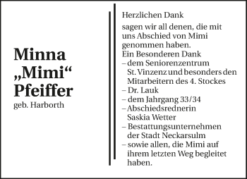 Traueranzeige von Minna Pfeiffer 