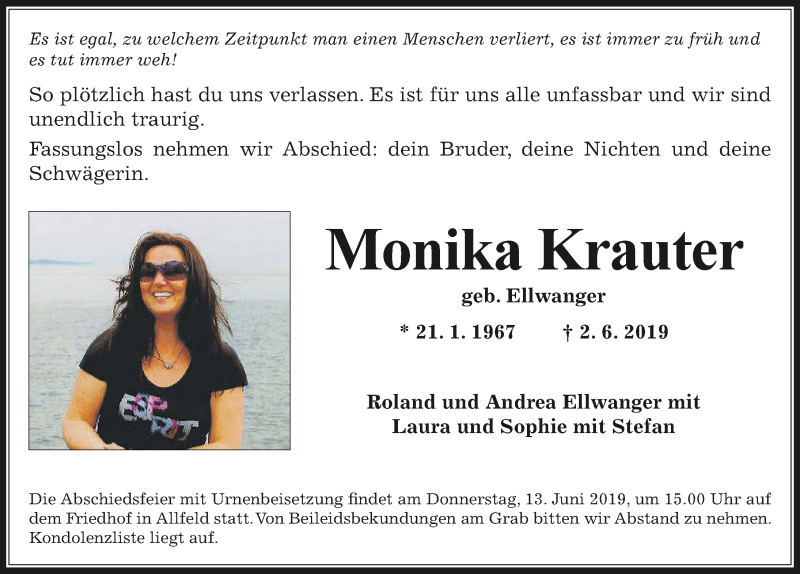  Traueranzeige für Monika Krauter vom 08.06.2019 aus 