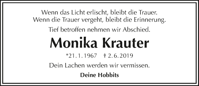  Traueranzeige für Monika Krauter vom 08.06.2019 aus 