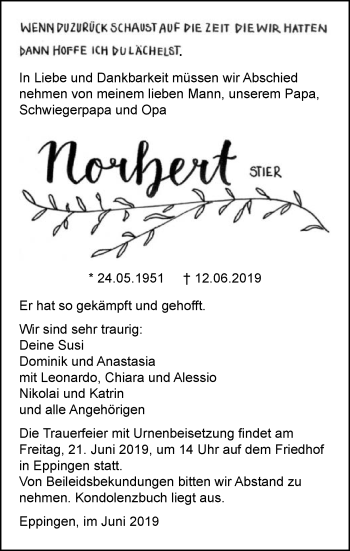 Traueranzeige von Norbert Stier 