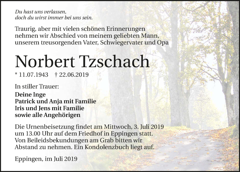  Traueranzeige für Norbert Tzschach vom 01.07.2019 aus 