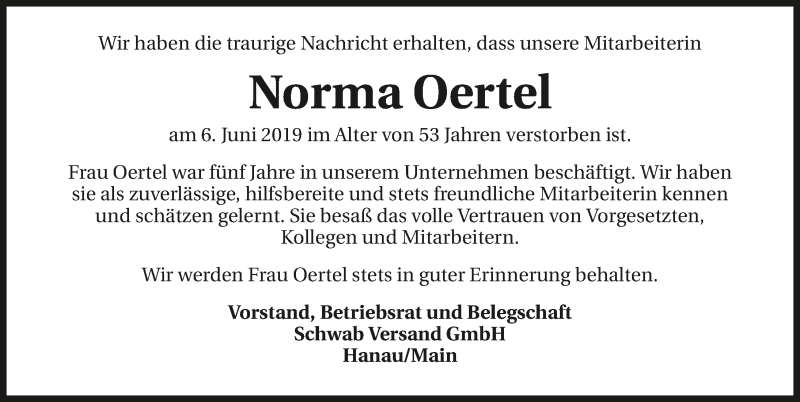  Traueranzeige für Norma Oertel vom 15.06.2019 aus 