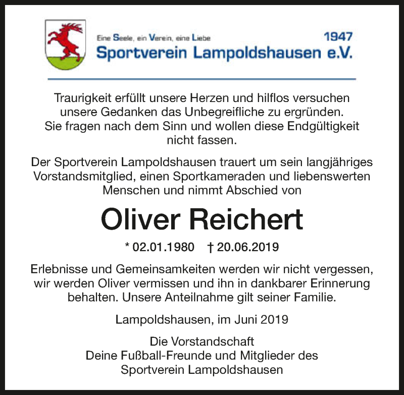  Traueranzeige für Oliver Reichert vom 29.06.2019 aus 
