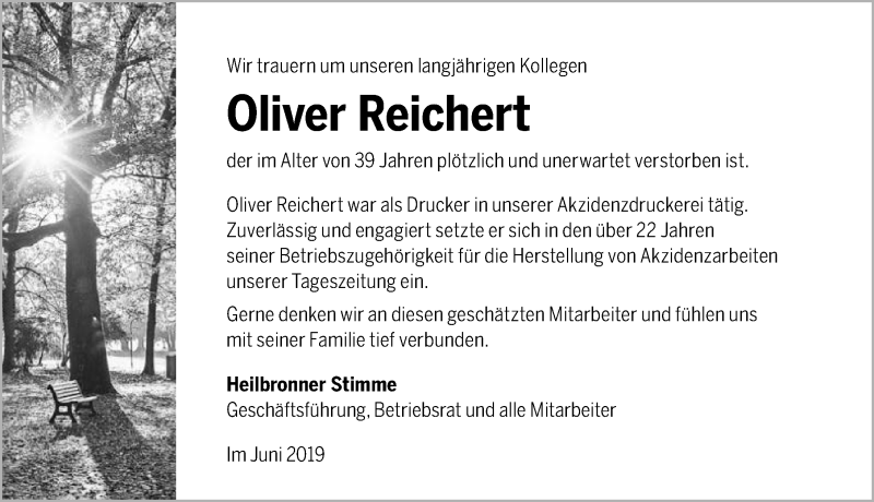  Traueranzeige für Oliver Reichert vom 29.06.2019 aus 