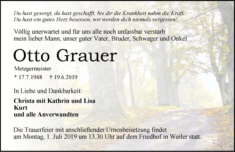  Traueranzeige für Otto Grauer vom 26.06.2019 aus 