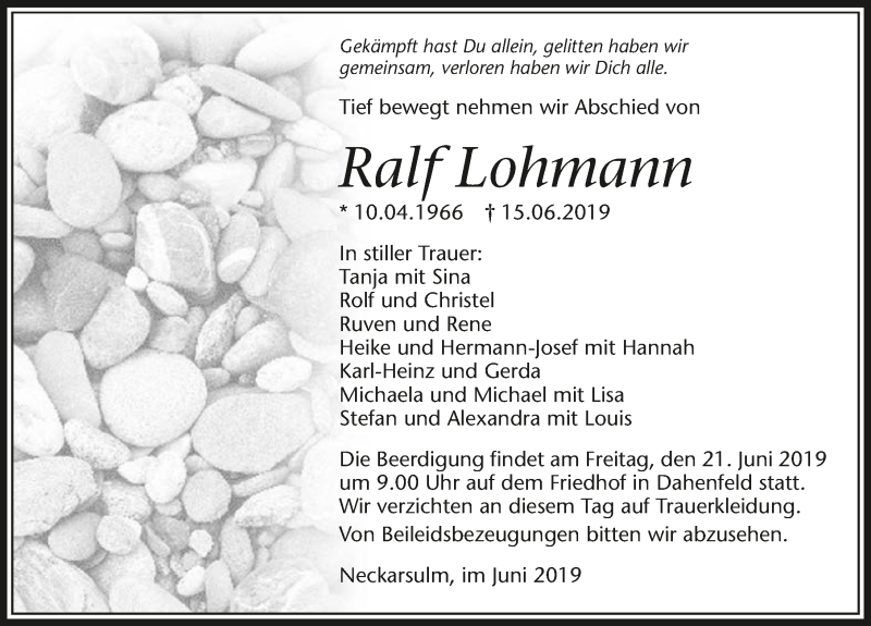  Traueranzeige für Ralf Lohmann vom 19.06.2019 aus 