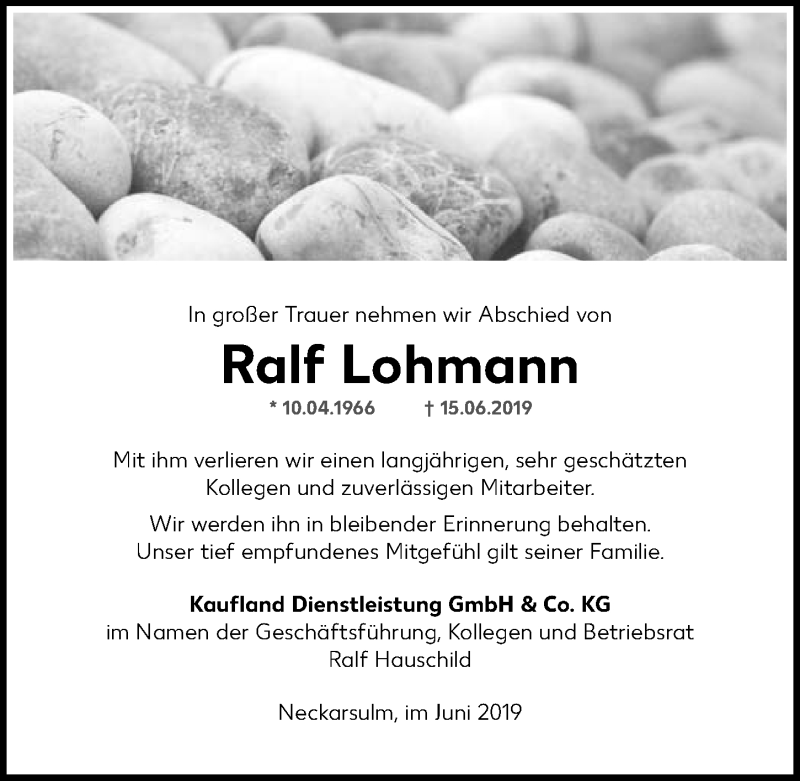  Traueranzeige für Ralf Lohmann vom 21.06.2019 aus 
