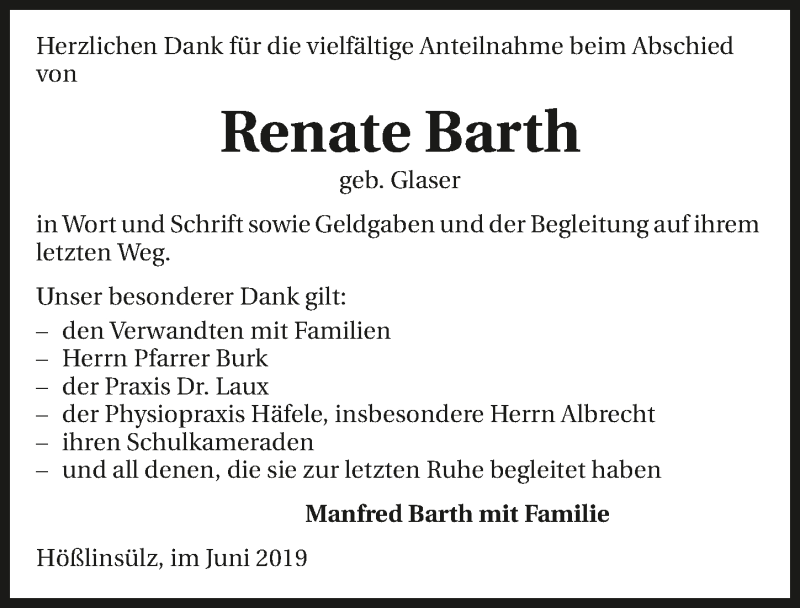  Traueranzeige für Renate Barth vom 22.06.2019 aus 