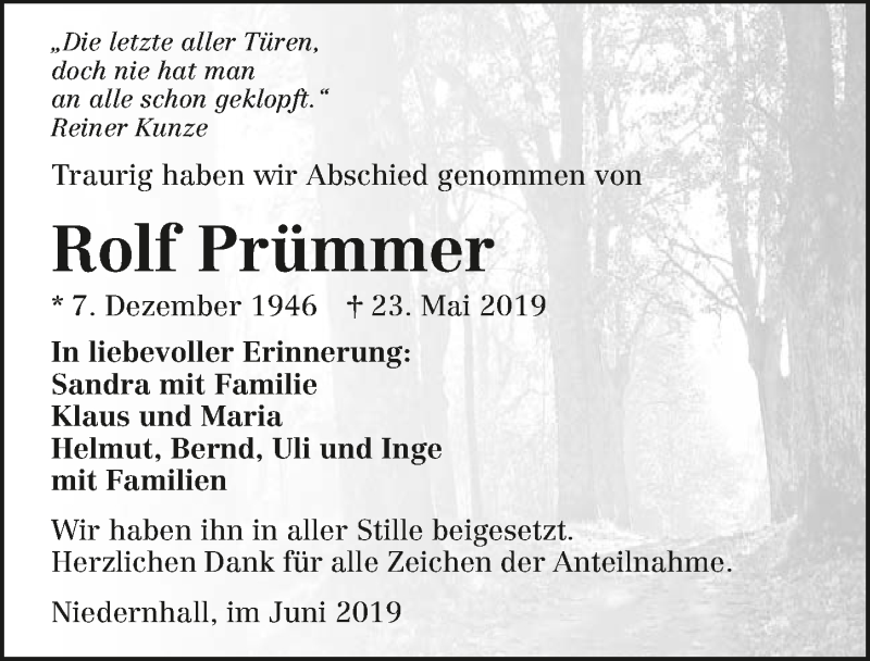  Traueranzeige für Rolf Prümmer vom 12.06.2019 aus 