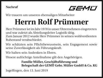 Traueranzeige von Rolf Prümmer 