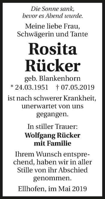 Traueranzeige von Rosita Rücker 