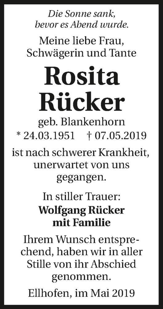  Traueranzeige für Rosita Rücker vom 07.06.2019 aus 