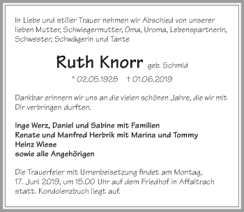 Traueranzeige von Ruth Knorr 