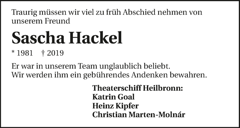  Traueranzeige für Sascha Hackel vom 26.06.2019 aus 