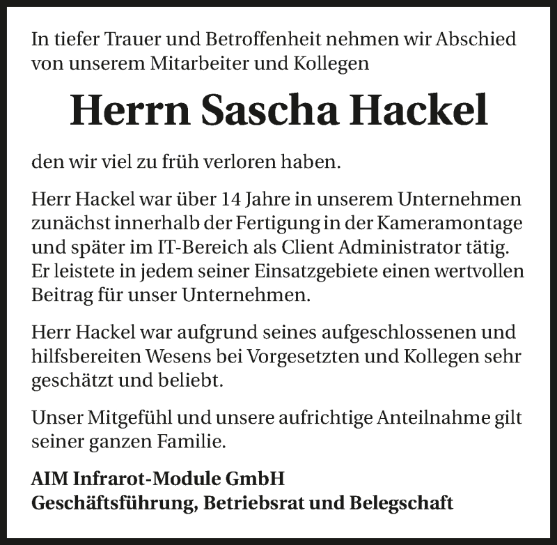  Traueranzeige für Sascha Hackel vom 28.06.2019 aus 