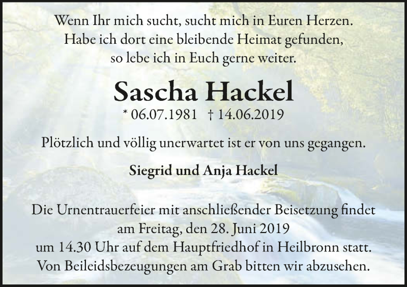 Traueranzeige für Sascha Hackel vom 22.06.2019 aus 