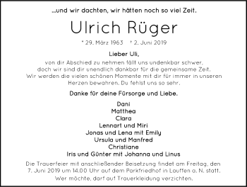 Traueranzeige von Ulrich Rüger 