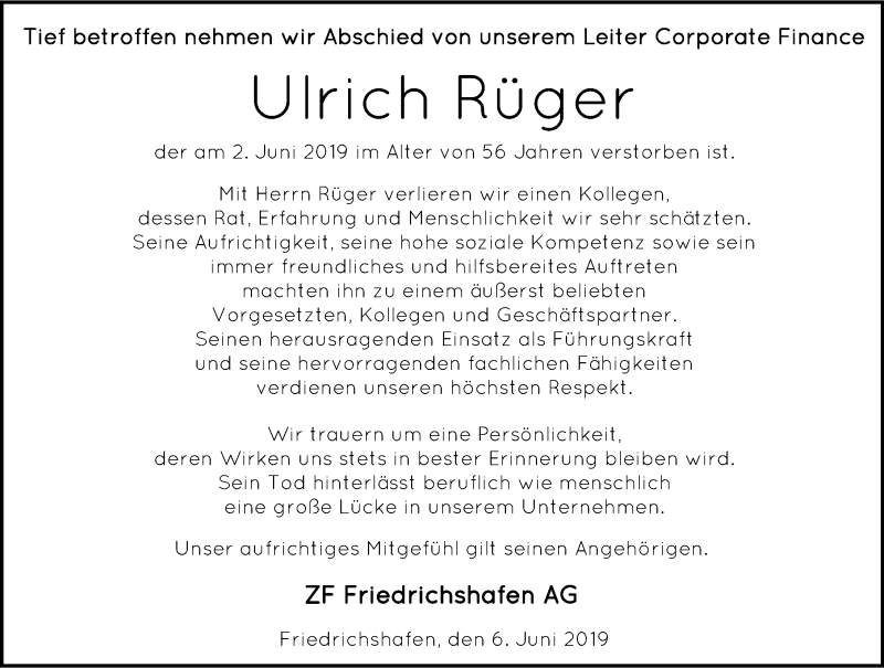  Traueranzeige für Ulrich Rüger vom 06.06.2019 aus 