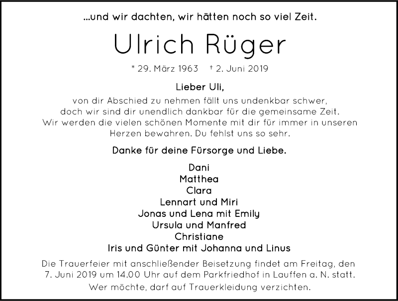  Traueranzeige für Ulrich Rüger vom 05.06.2019 aus 