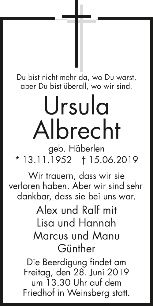  Traueranzeige für Ursula Albrecht vom 24.06.2019 aus 