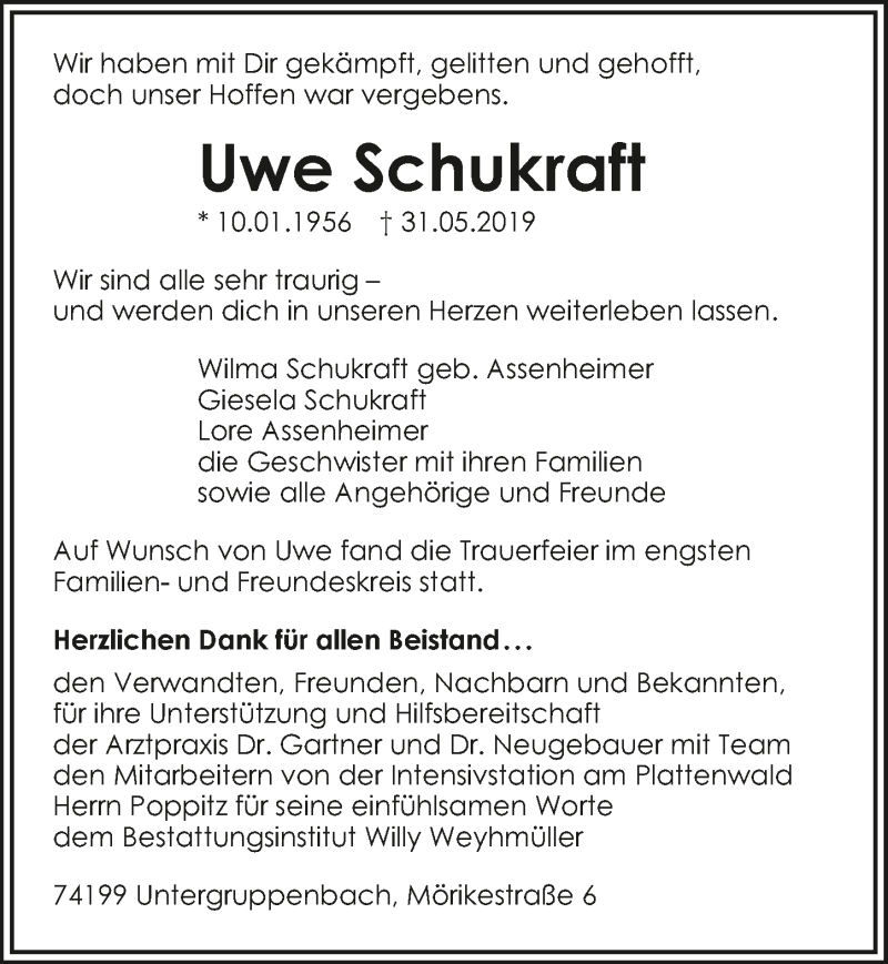  Traueranzeige für Uwe Schukraft vom 15.06.2019 aus 