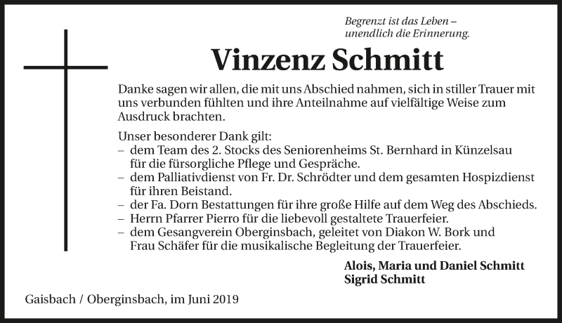  Traueranzeige für Vinzenz Schmitt vom 19.06.2019 aus 