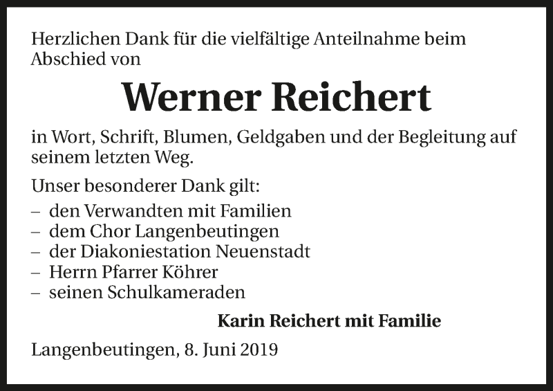  Traueranzeige für Werner Reichert vom 08.06.2019 aus 