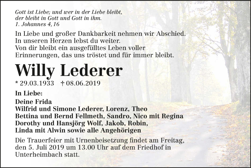  Traueranzeige für Willy Lederer vom 15.06.2019 aus 