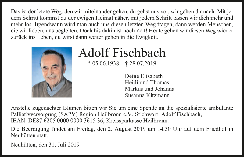  Traueranzeige für Adolf Fischbach vom 31.07.2019 aus 