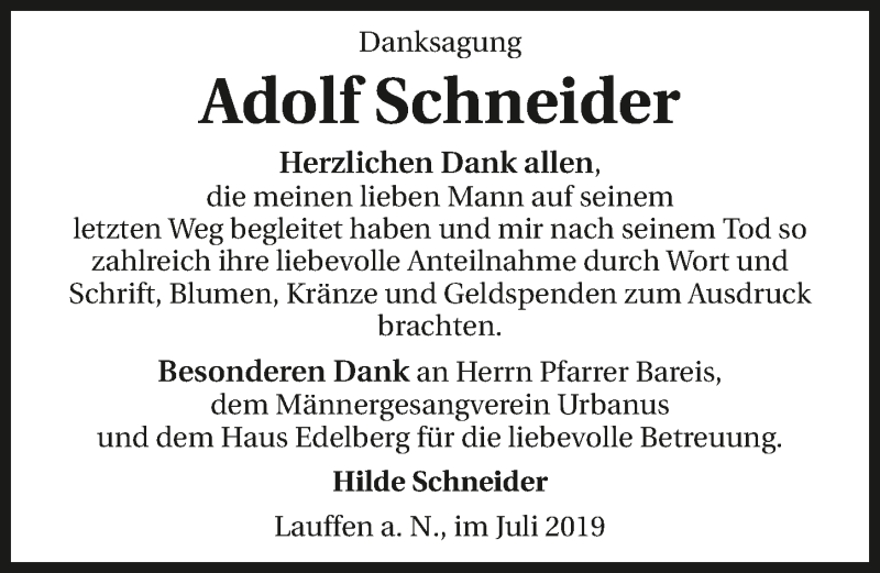  Traueranzeige für Adolf Schneider vom 30.07.2019 aus 