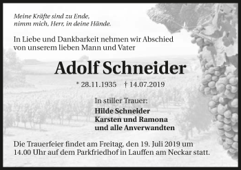 Traueranzeige von Adolf Schneider 