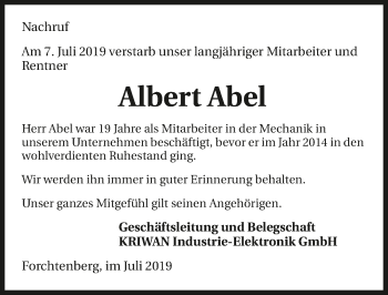 Traueranzeige von Albert Abel 