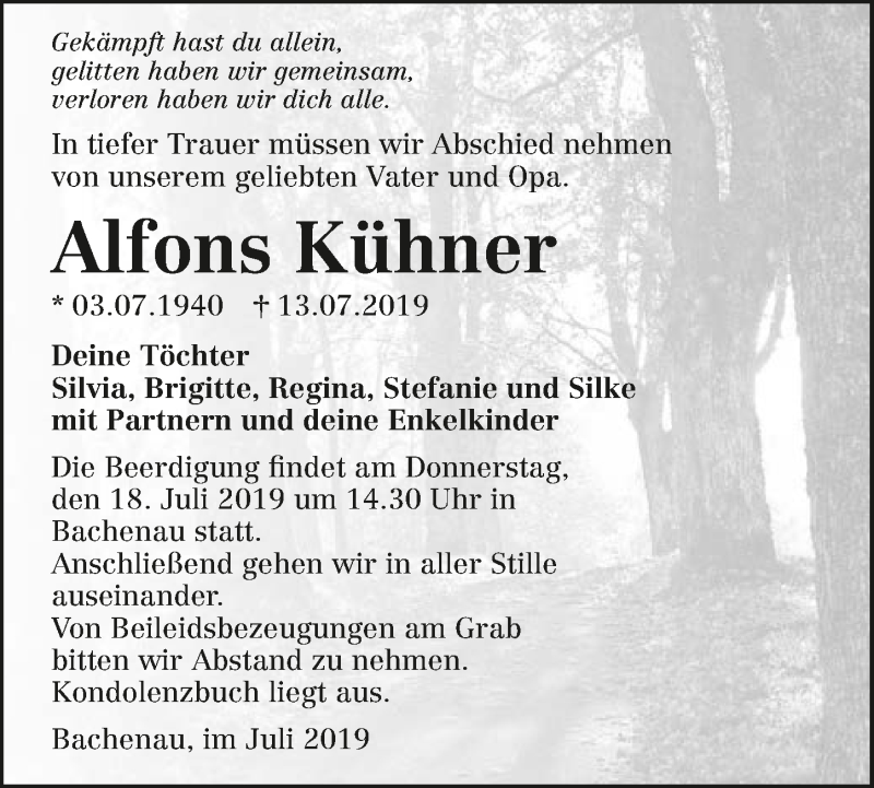  Traueranzeige für Alfons Kühner vom 16.07.2019 aus 