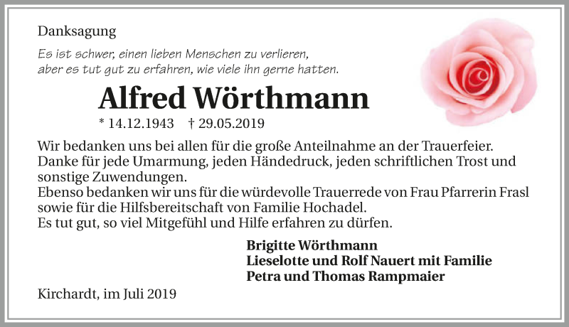  Traueranzeige für Alfred Wörthmann vom 06.07.2019 aus 