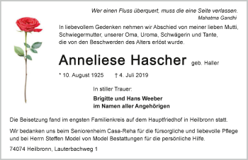 Traueranzeige von Anneliese Hascher 