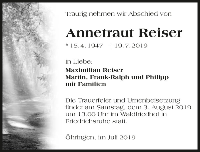  Traueranzeige für Annetraut Reiser vom 30.07.2019 aus 