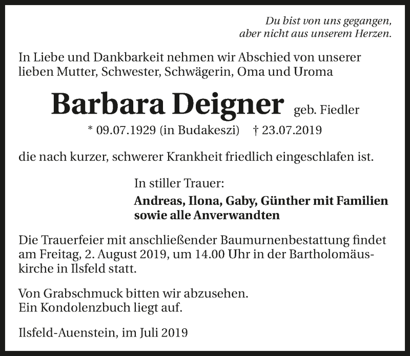  Traueranzeige für Barbara Deigner vom 30.07.2019 aus 