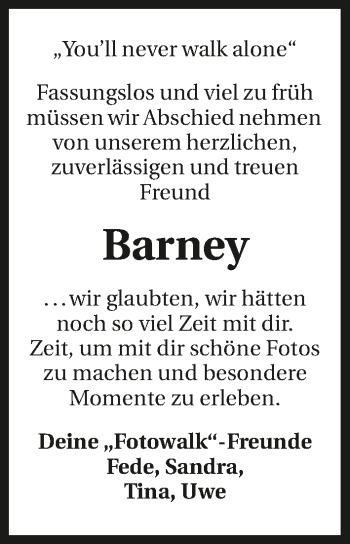 Traueranzeige von Barney  