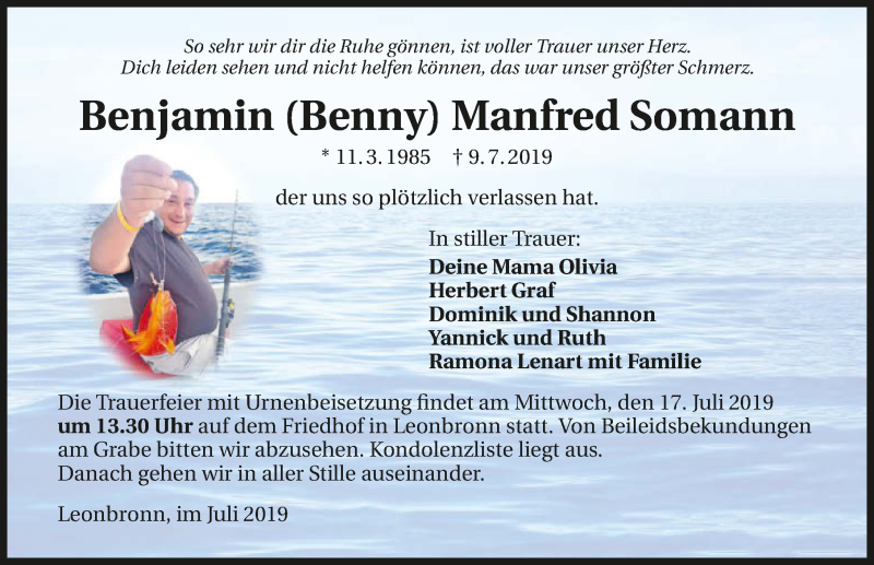  Traueranzeige für Benjamin Manfred Somann vom 13.07.2019 aus 