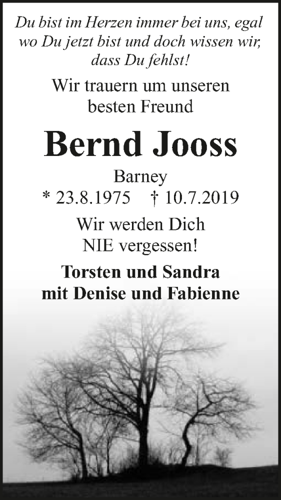  Traueranzeige für Bernd Jooss vom 15.07.2019 aus 